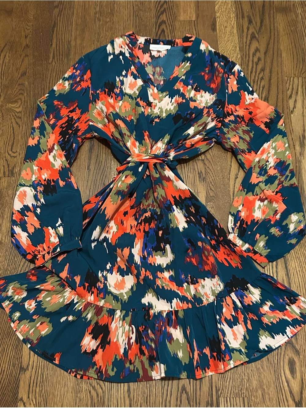 Lovely Melody Teal Multicolor Floral-Print Twist-Front Dress ruffle
